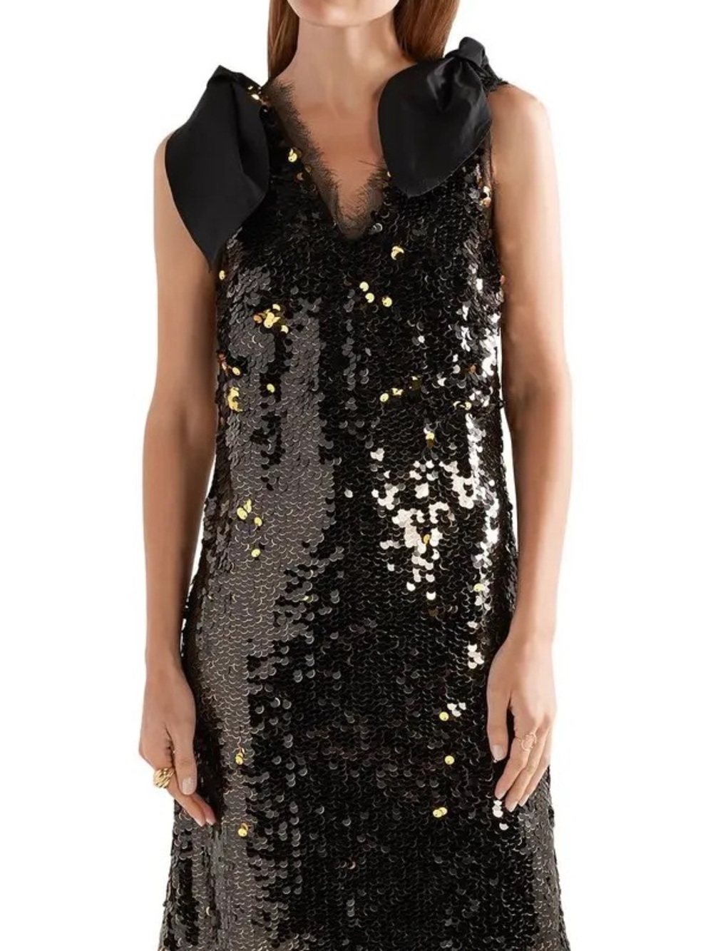 Rejina Pyo Black and Gold Sequin Strapless Dress with Oversized Collar